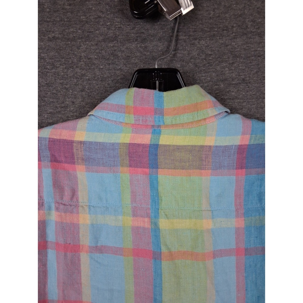 Jones New York Womens Shirt S Blue Pink Pastel Plaid 100% Linen Coastal Resort - Picture 7 of 7